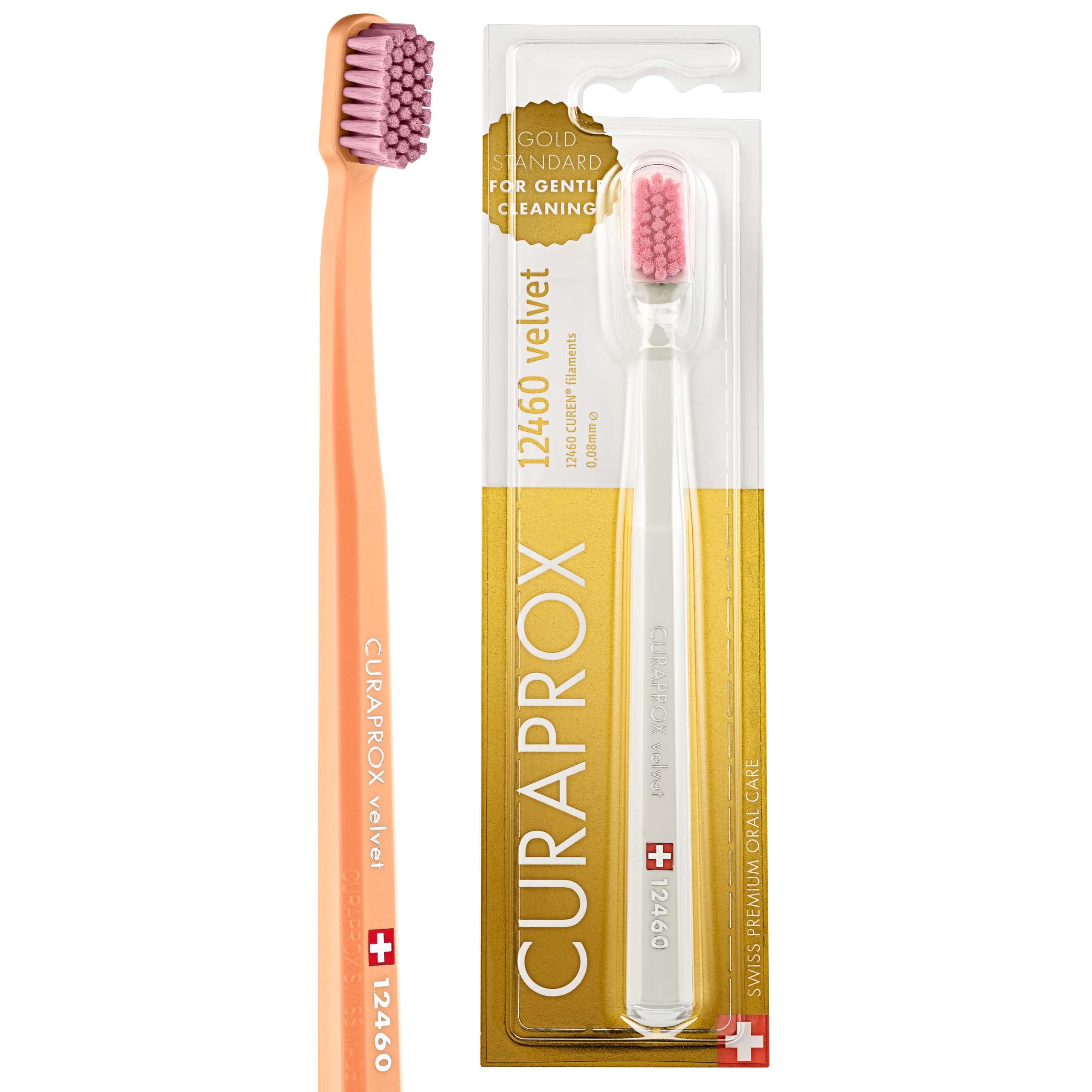 Curaprox peach and packaged white toothbrush displayed side by side ultra soft toothbrush for sensitive gums
