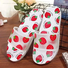 Strawberry print slide sandals, white molded footbed with red strawberries and green accents