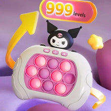 Cat-shaped push pop sensory toy with dark gray face and pink bubble grid