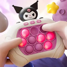 Push pop sensory toy with hands pressing pink bubbles on the round grid