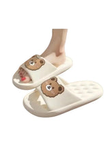 White summer slip-on slippers with cute bear face patches, open toe