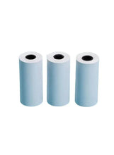 Three thermal barcode label rolls, white paper with dark center openings