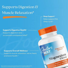 Magnesium citrate supplement bottle with orange cap, supports digestion and muscle relaxation label