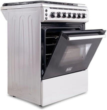 Freestanding stainless gas cooker with open oven door and front control knobs