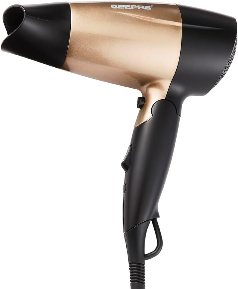 Geepas 1600W Powerful Travel Hair Dryer with Foldable Handle | Fast Drying Result | 2-Speed & 2 Temperature Settings | Cool Shot Function For Frizz Free Shine & Elegant Concentrator – 2 Years Warranty