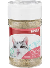 Bioline catnip supplement jar with clear lid and label, catnip flakes inside