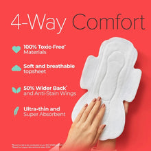 White cotton sanitary pad with 4-way comfort wings, shown against a hand.
