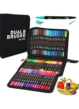 Dual-tip brush pen set in black zipper case, open with assorted colored pens