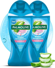 Blue Aroma Sensations shower gel bottles, 2-pack, with aloe and leaf accents