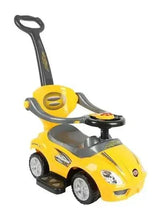 Kids ride-on push car, yellow with gray handle and steering wheel, front view