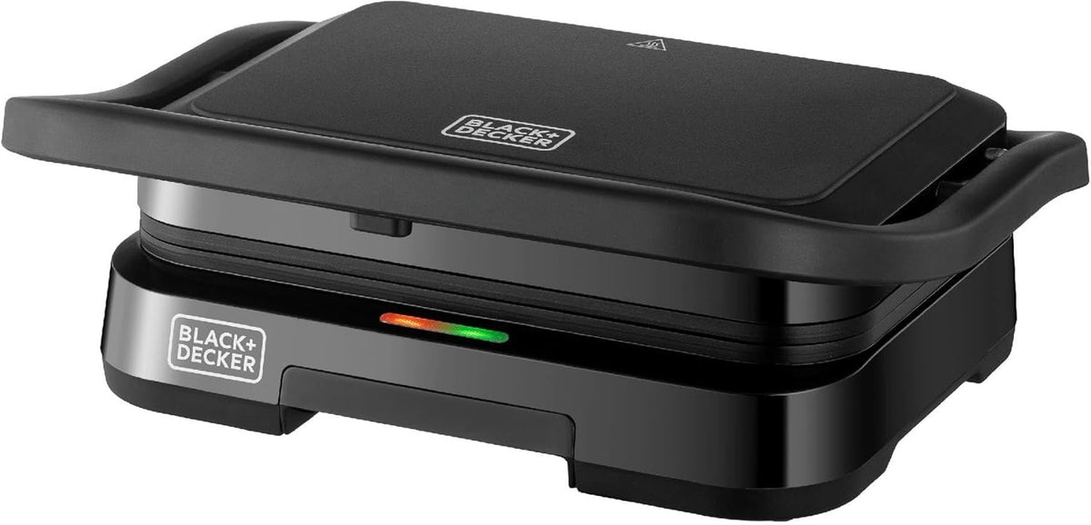BLACK+DECKER 1300W Electric Panini Grill & Sandwich Maker, Non-Stick Plates, 180° BBQ Hinge, Double Grilling Area, Removable Drip Tray, Cool-Touch Handle – 2 Toast Capacity - PCG1300-B5