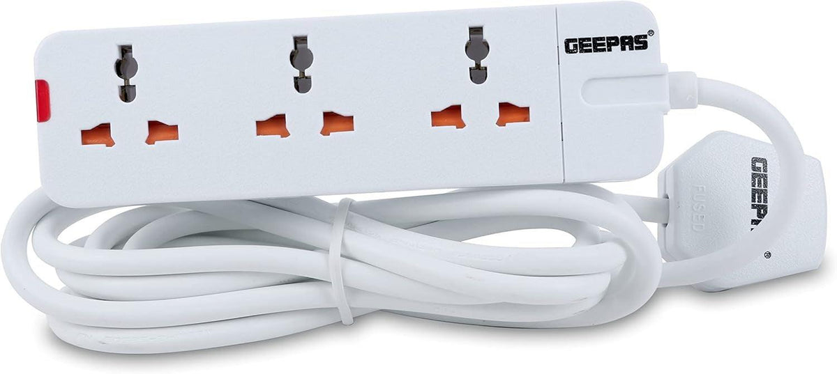 Geepas 3 Way Extension Socket 13A - Charge Multiple Devices with Child Safe, Extra Long Cord & Over Current Protected | Ideal For All Electronic Devices