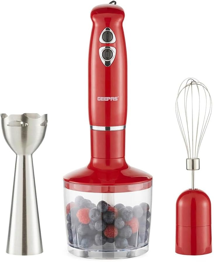 Geepas GHB6136 400W Hand Blender - Stainless Steel Blades with 2 Speed for Baby Food, Soup, Juice | 860ml Chopper Bowl & Electric Egg Whisk - 2 Years Warranty