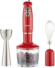 Red hand blender with chopper bowl and electric whisk attachment set