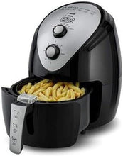 Black and grey air fryer with open basket, showing fries inside.