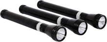 Rechargeable LED flashlight pair with silver band, black cylindrical body and lens head