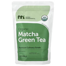 Matcha green tea powder pouch with green front label on white resealable bag
