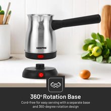 Geepas electric Turkish coffee maker with 360° rotation base, stainless kettle and black handle