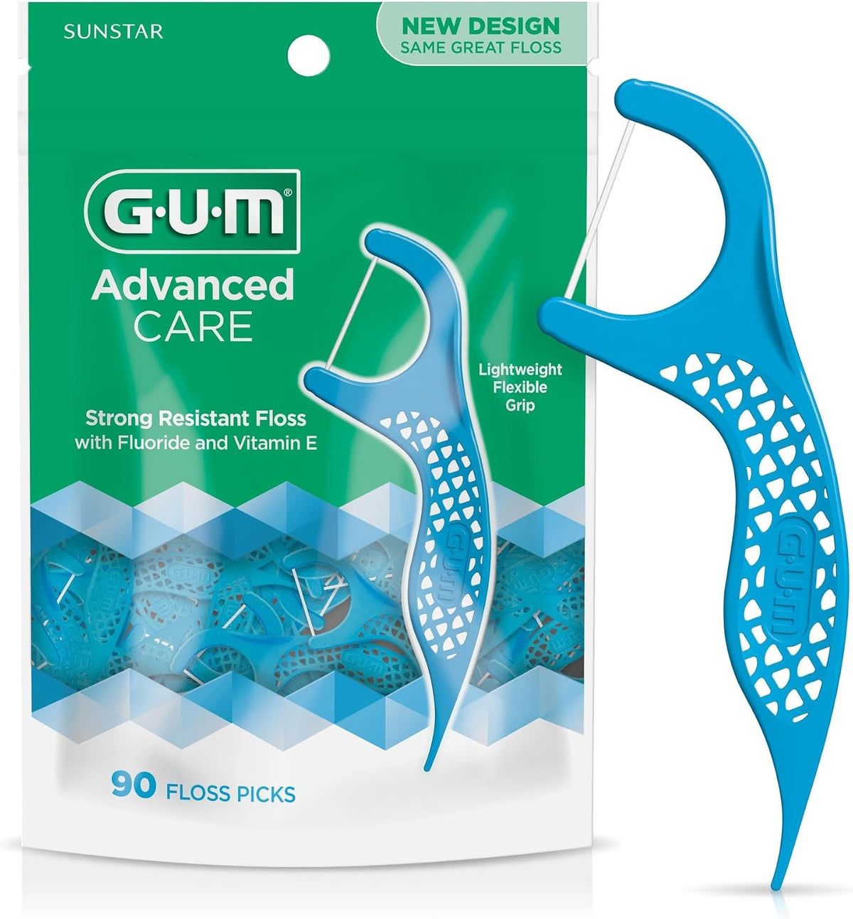 GUM Advanced Care Floss Picks - Dental Flossers for Adults with Vitamin E and Fluoride - Extra Strong Shred-Resistant Dental Floss, Easy Grip Handle, Fresh Mint Flavor, 90 ct