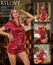 Burgundy satin two-piece pajama set, short-sleeve button top with matching shorts