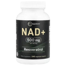 NAD+ 500 mg resveratrol dietary supplement bottle, 240 vegetarian capsules