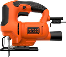 Compact electric jigsaw with blade, orange and black housing, BLACK+DECKER logo