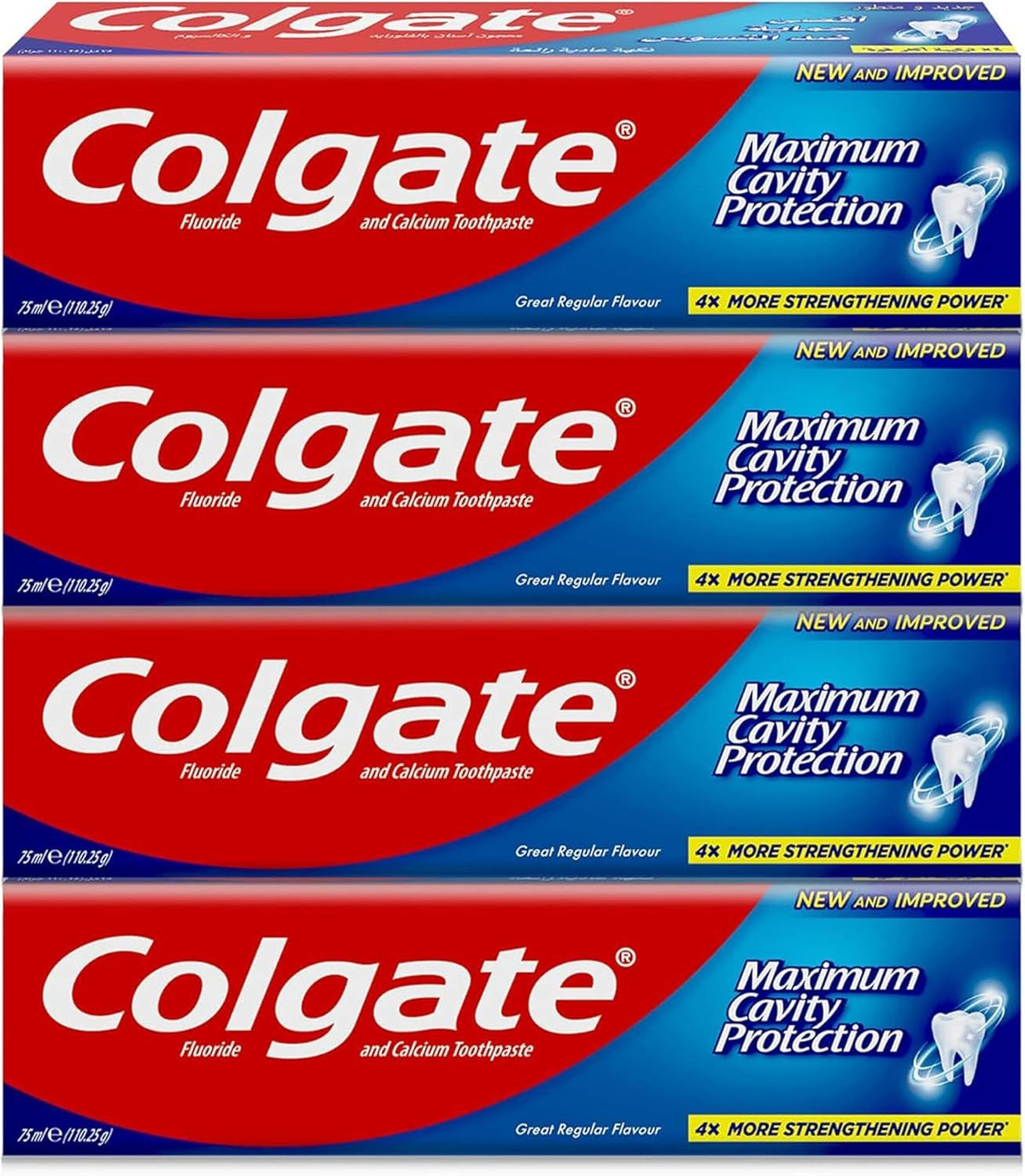 Colgate Maximum Cavity Protection Toothpaste, Fluoride Toothpaste with Calcium, Clinically Proven for Stronger and Whiter Teeth, 4x75ml, 4 Pack