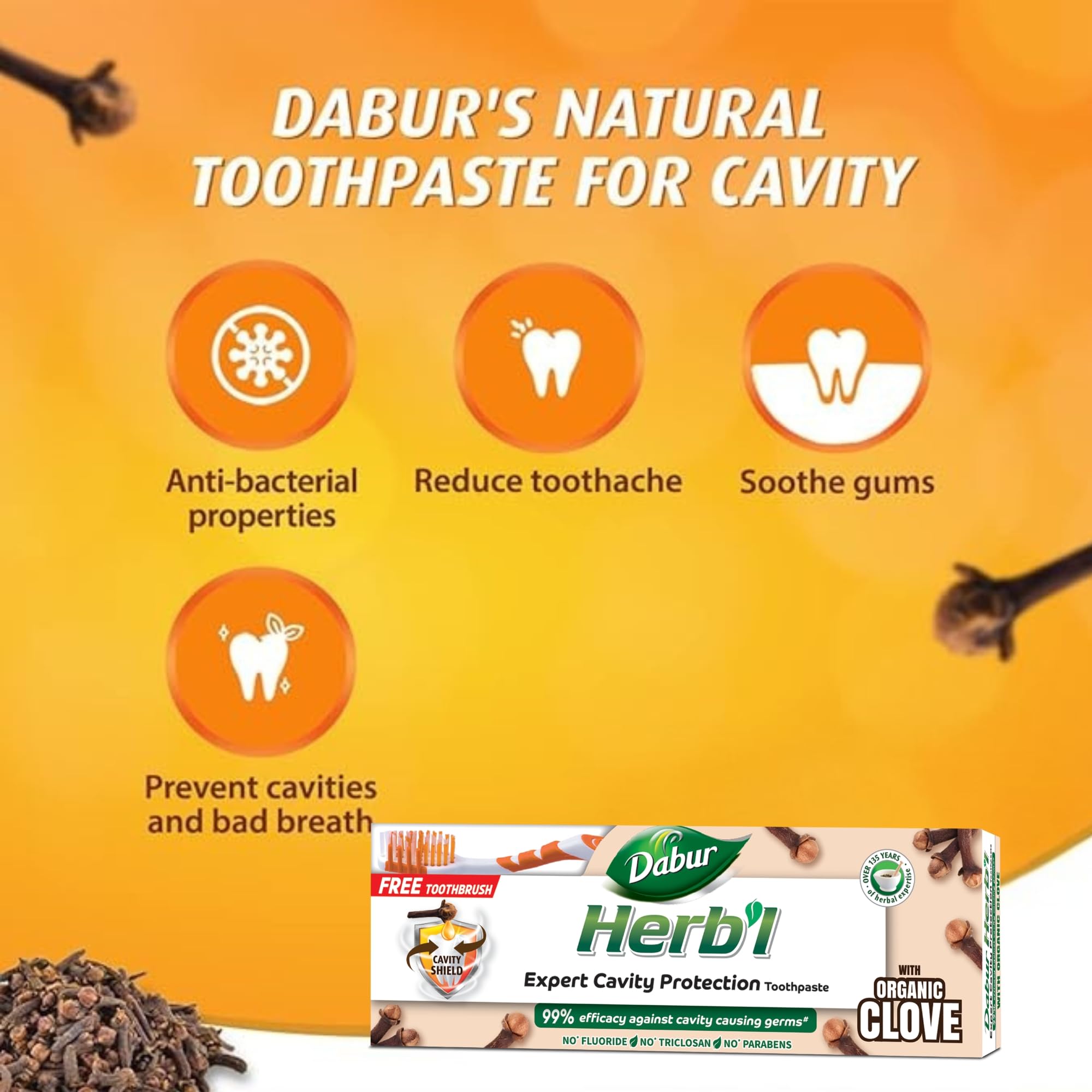Dabur Herbl toothpaste box with organic clove and benefit icons clove toothpaste for cavity protection