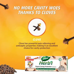 Dabur Herbal clove toothpaste for cavity protection tube with cloves image free toothbrush on orange background