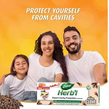 Herb1 clove cavity protection toothpaste pack with family photo and product box