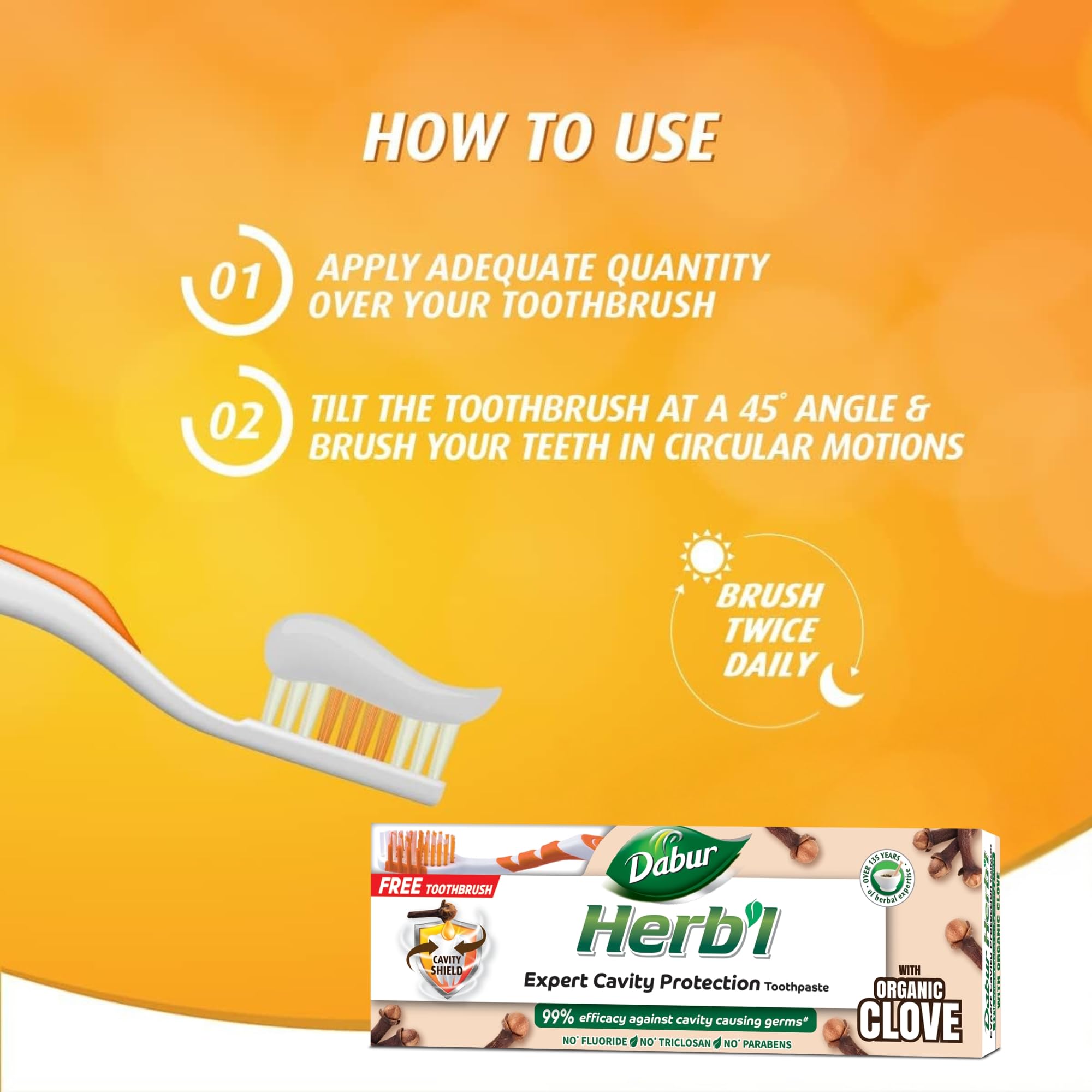 Dabur Herbl clove toothpaste for cavity protection box and toothbrush with paste and usage steps