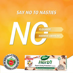 Dabur Herbal toothpaste box with organic clove image and no fluoride claim, clove toothpaste for cavity protection