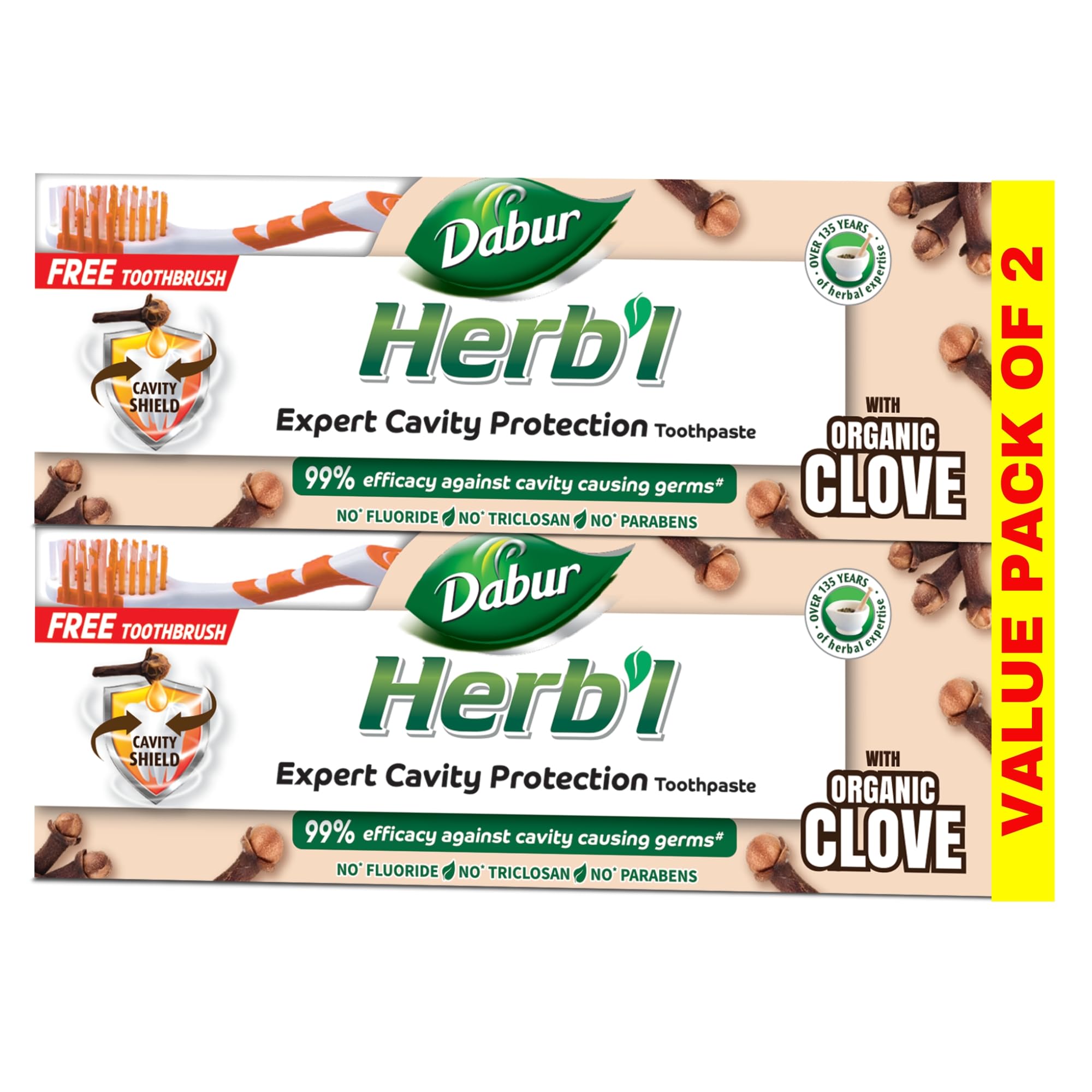 Dabur Herbl value pack of two clove toothpaste for cavity protection with organic clove and free toothbrush
