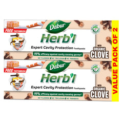 Dabur Herbl value pack of two clove toothpaste for cavity protection with organic clove and free toothbrush