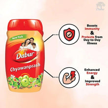 Dabur Chyawanprash jar with immunity and strength benefit icons, red and beige