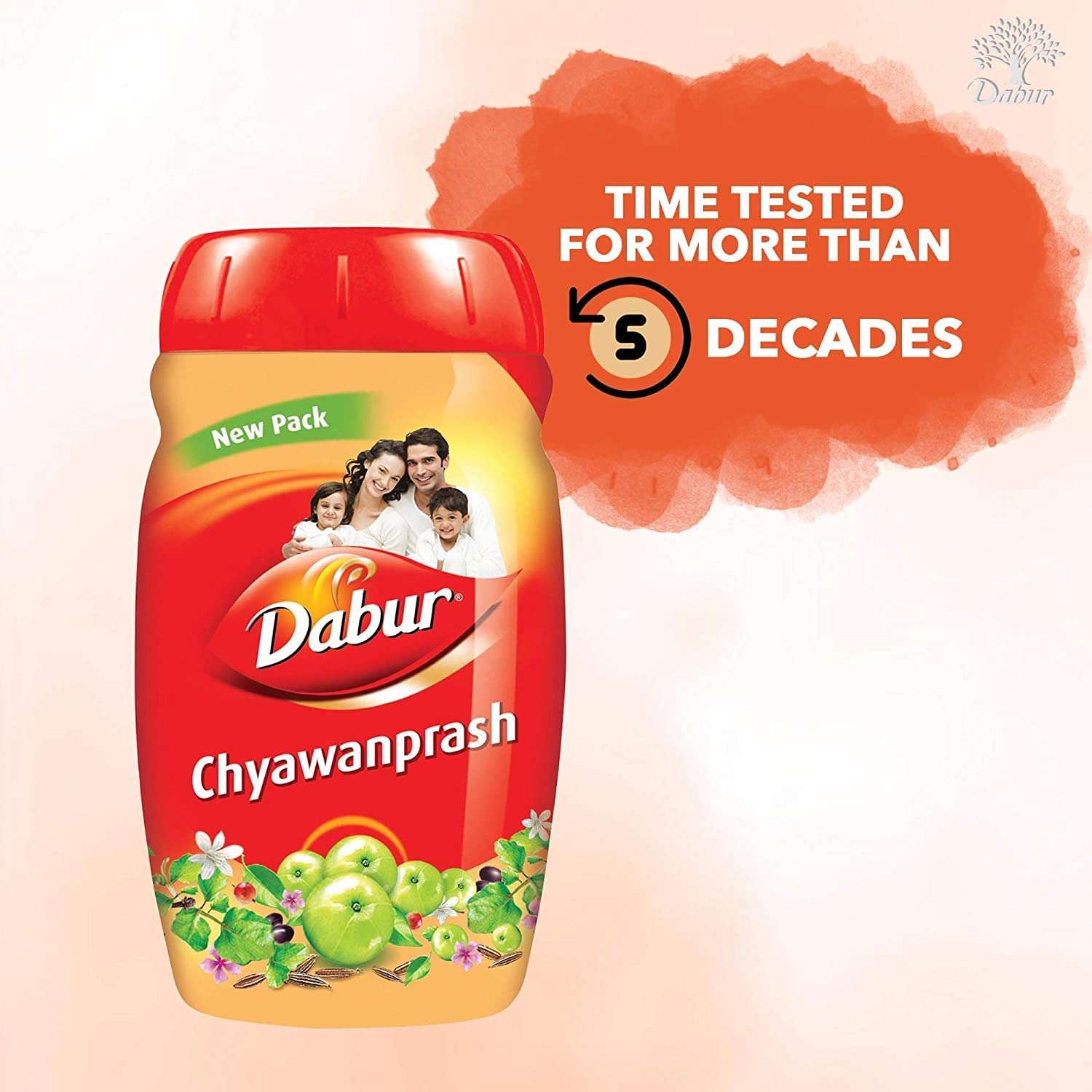 Dabur Chyawanprash 1kg red jar with family image new pack label and amla fruit illustration