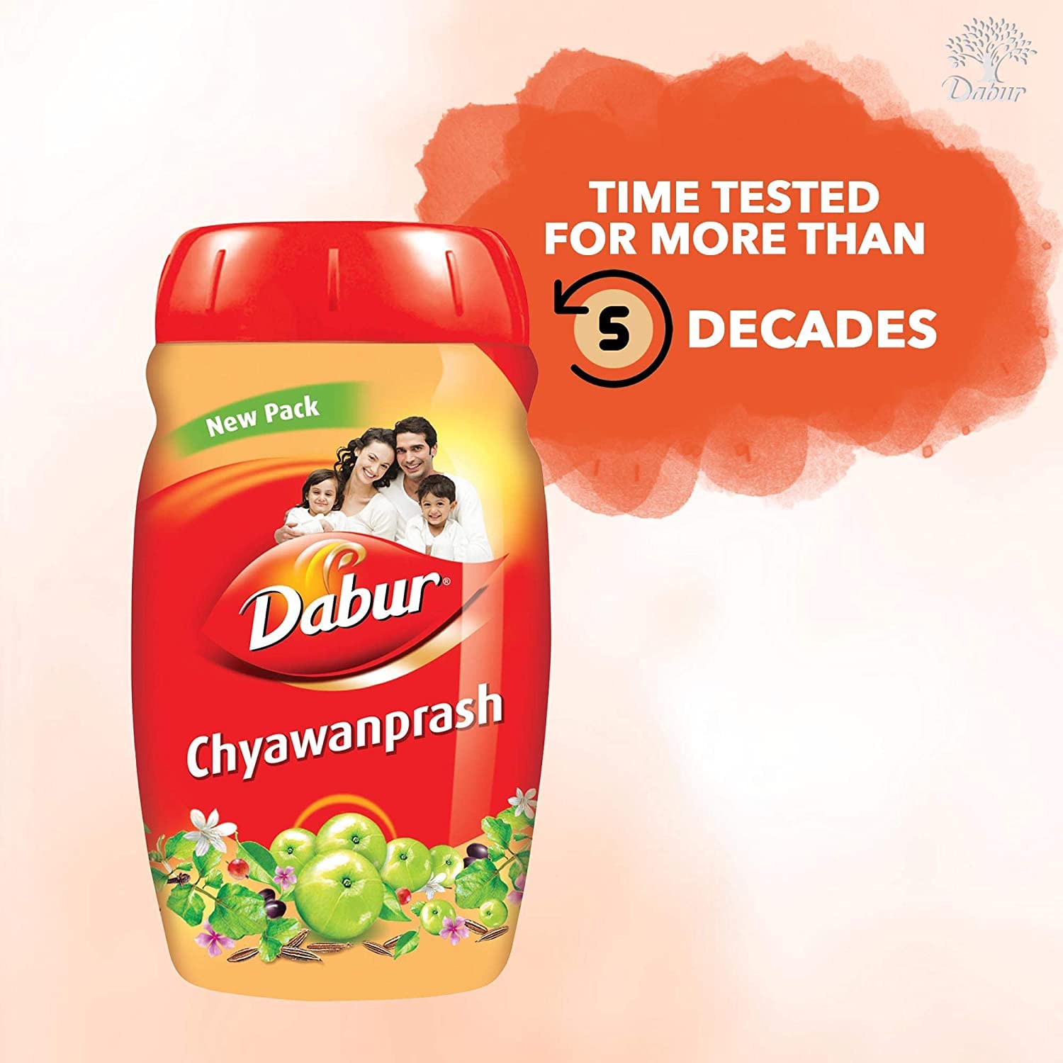 Dabur Chyawanprash 1kg red jar with family image new pack label and amla fruit illustration