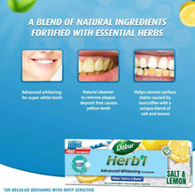 Dabur Herbi salt and lemon toothpaste box with natural ingredient benefit panels