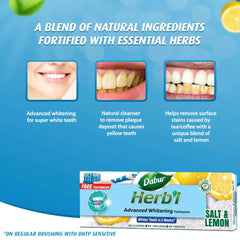 Dabur Herbl whitening toothpaste value pack box showing Salt and Lemon advanced whitening with before and after teeth images