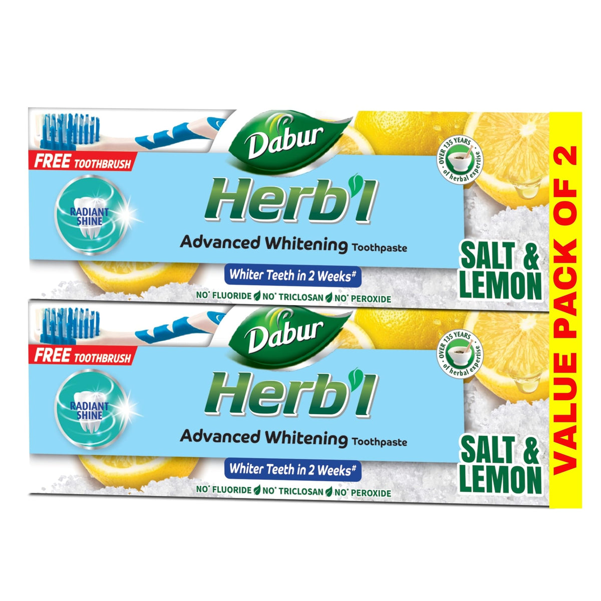 Dabur Herbl whitening toothpaste value pack Salt and Lemon advanced whitening twin pack with free toothbrush