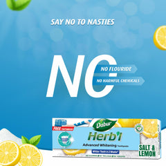 Dabur Herbl whitening toothpaste value pack Salt and Lemon tube with toothbrush and no fluoride branding