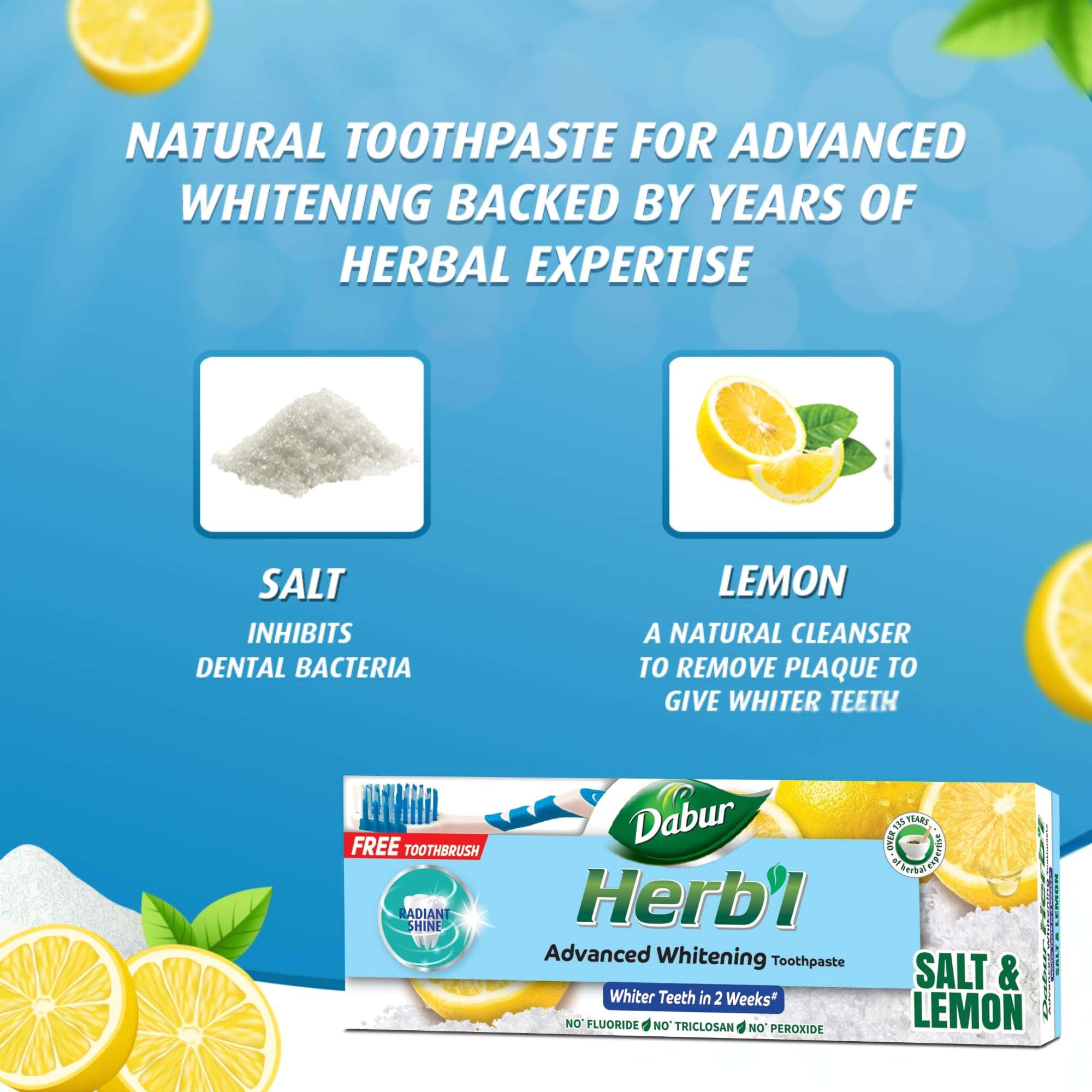 Dabur Herbl whitening toothpaste value pack box showing salt and lemon ingredients with free toothbrush
