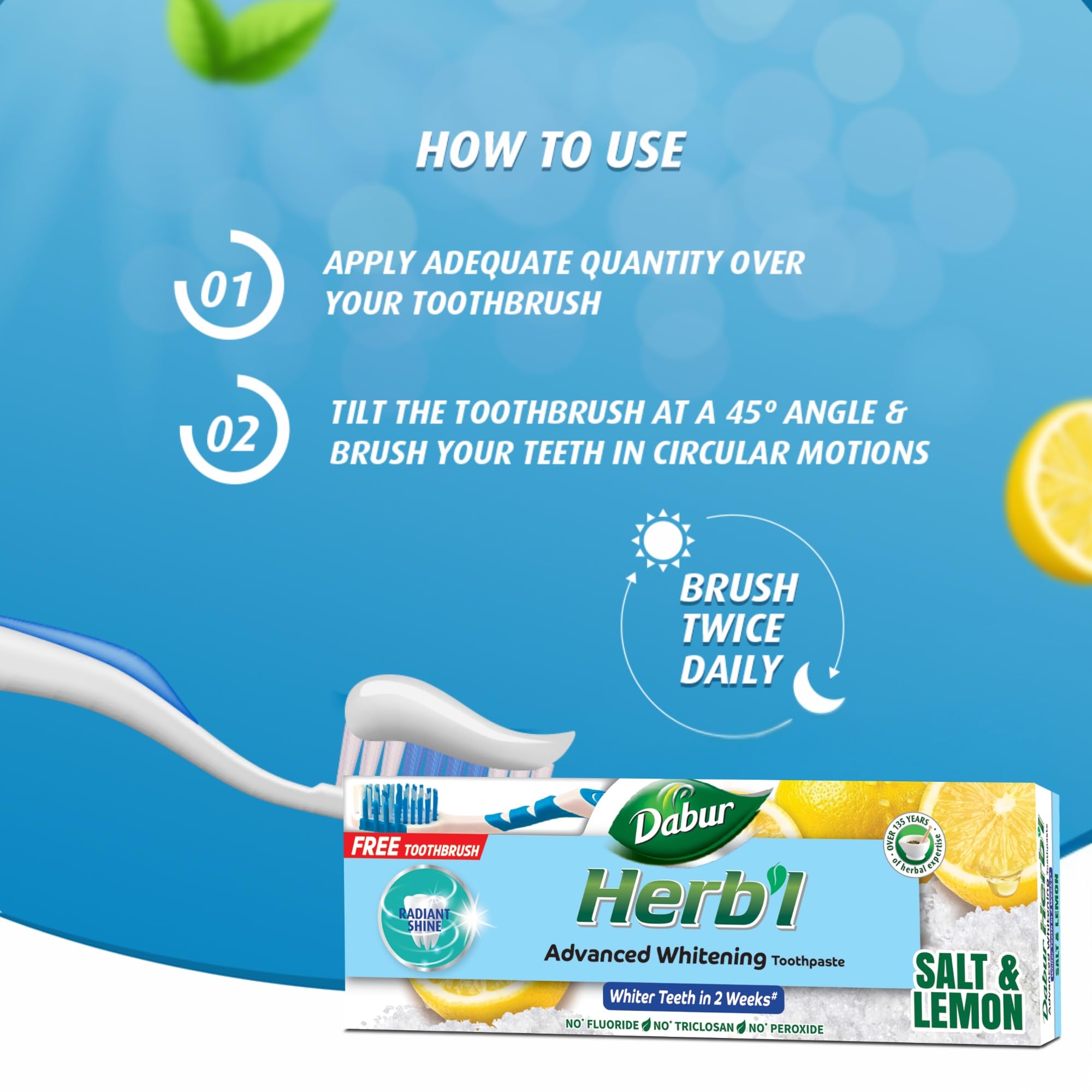 Dabur Herbl whitening toothpaste value pack Salt and Lemon box with toothbrush and how to use instructions