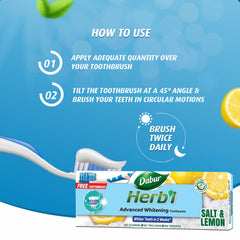 Dabur Herbl whitening toothpaste value pack Salt and Lemon box with toothbrush and how to use instructions