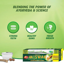 Miswak toothpaste and toothbrush pack with strong teeth, healthy gums, fresh breath icons
