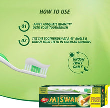 Toothbrush bristles and Miswak toothpaste box with how-to usage graphic