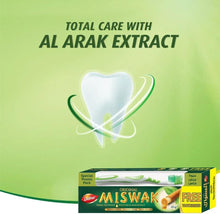 Tooth care graphic with tooth icon above Miswak toothpaste box