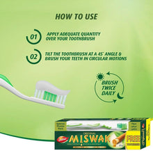 Toothbrush and Miswak toothpaste box shown with use-step graphic