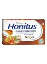 Herbal ginger lozenges box, 24 count with honey and Ayurvedic extract label