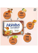 Herbal ginger lozenges box with honey, turmeric, amla and licorice ingredient icons